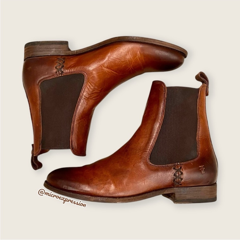 Frye Melissa Chelsea Cognac Brown Leather Comfy Low Heel Casual Short Ankle Boot - Picture 16 of 16